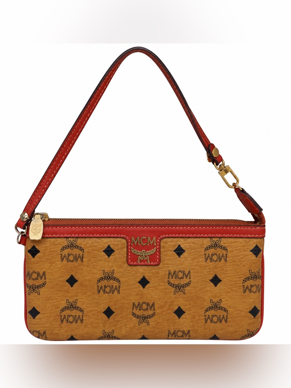 MCM Cognac Monogram Red Leather Trim Shoulder Bag